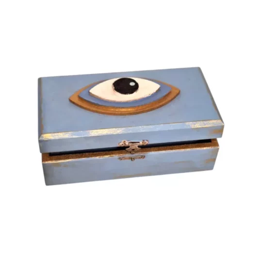 Χειροποίητο Ξύλινο κουτί γαλάζιο Evil Eye